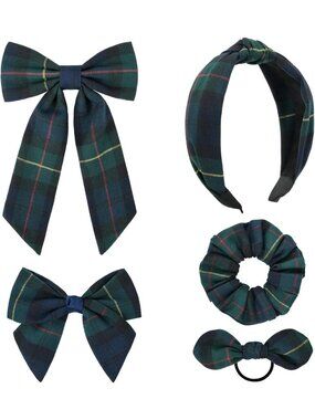 DEEKA 5 Styles Uniform Plaid Long Tail Hair Bows Knotted Headband Scrunchies Bow